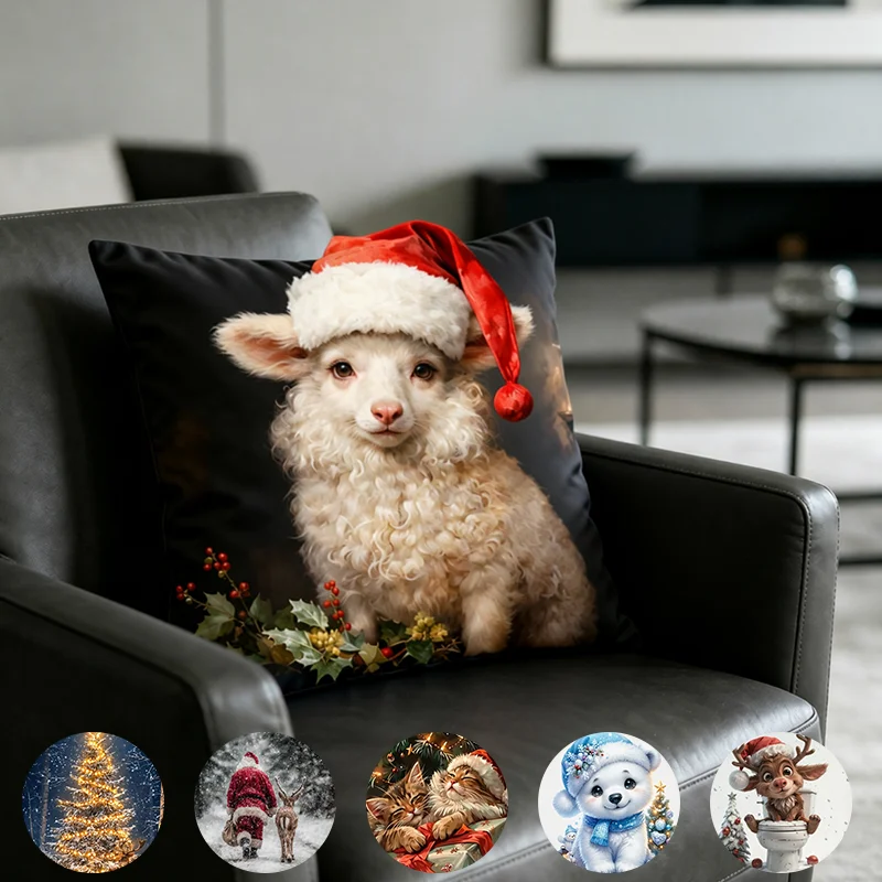 1PC Cute Christmas cat pillow cover single-sided printed pattern cushion pillow cover suitable for Christmas party decoration