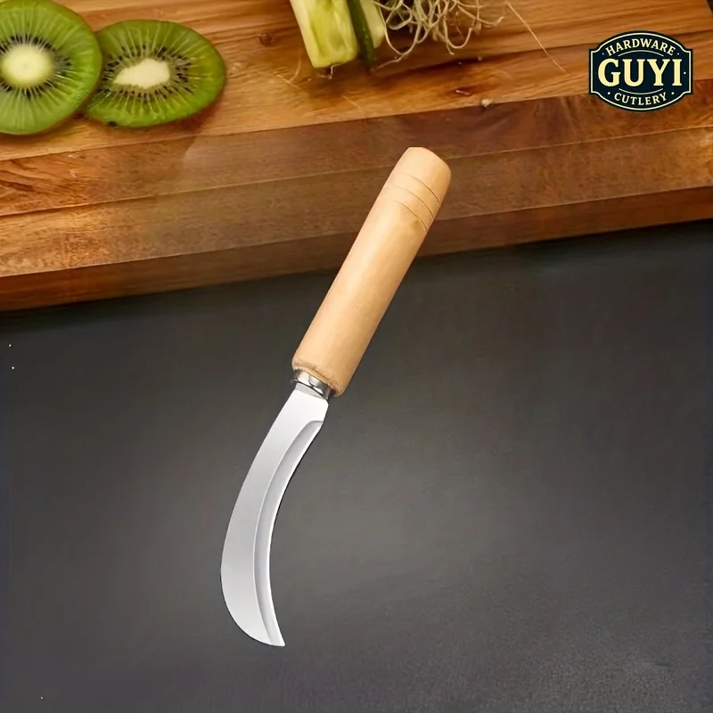 Curved Stainless Steel Knife with Wooden Handle,2-in-1 Tool for Summer Garden Weeding,Ideal for Outdoor Yard Use