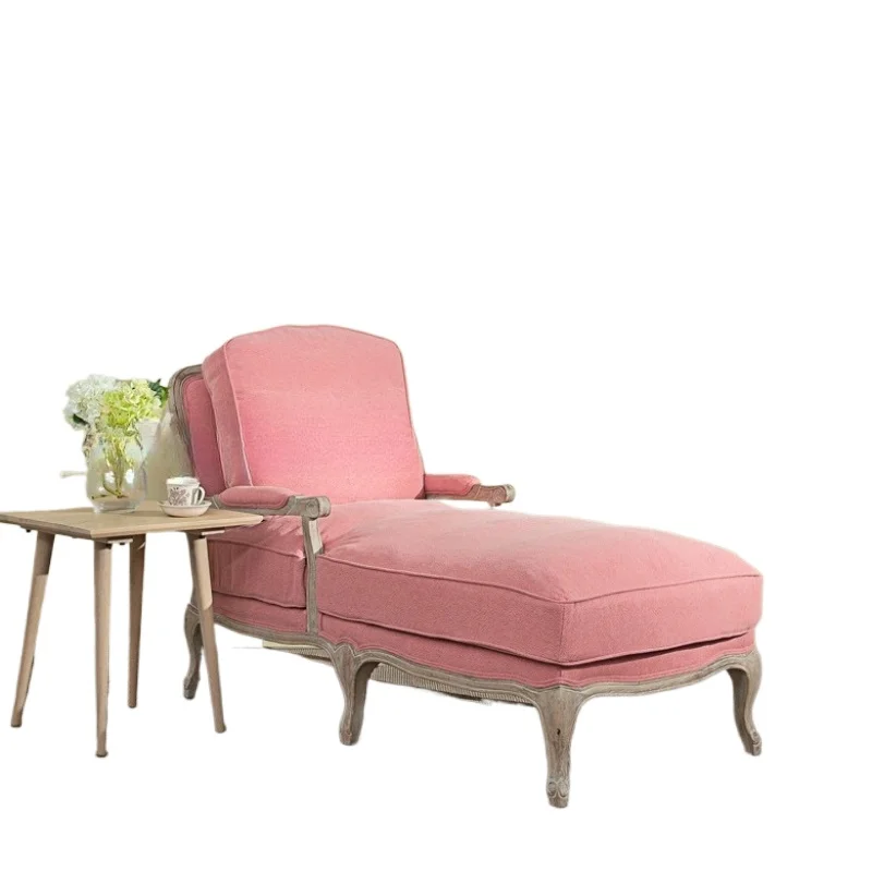 

American solid wood chaise longue, simple log fabric soft bag single sofa chair, beauty couch chaise longue
