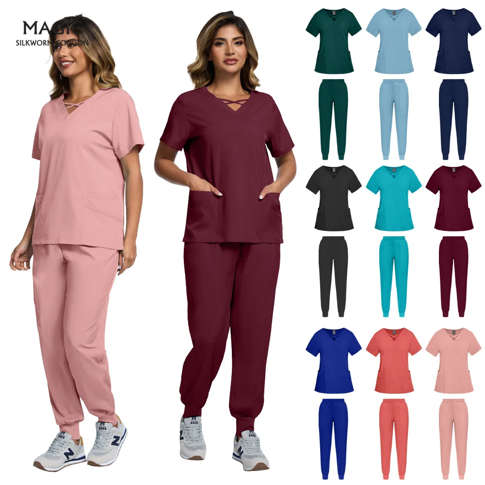 

Surgical Uniform Women Pet Clinical Nursing Pockets Top Jogger Pants Sets Hospital Medical Nurse Uniform Beauty Salon Work Suits