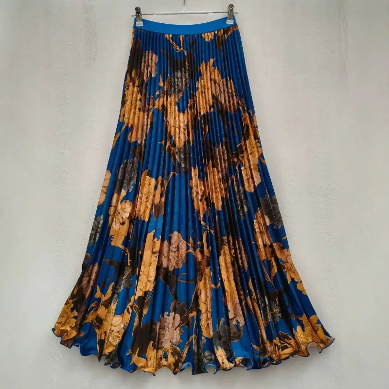2026 Fashion Vintage Spring Summer Printed Pleated Skirt Women's Chiffon Maxi Skirts Elastic-waist Casual Big-hem A-line Skirts