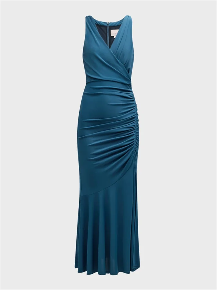 

New Arrival Surplice Neckline Sleeveless Column Evening Dress Elegant Back Zipper Hem Falls Below The Knee Gown For Women 2024