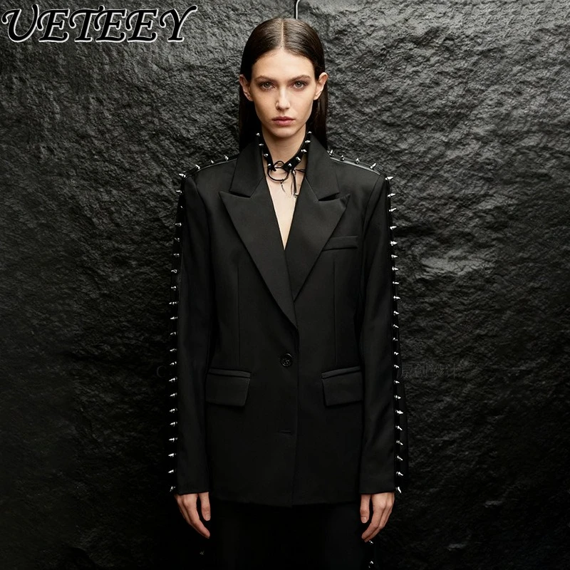 

Высококачественный темный стиль, черный пиджак с заклепками и декором для женщин, весна-осень, новый черный пиджак унисекс в стиле панк с длинными рукавами, пальто