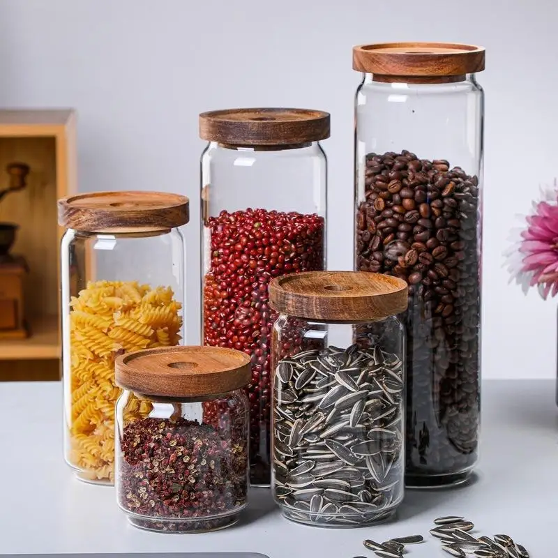 Wood Lid Glass Airtight Canister Kitchen Storage Bottles Jars Food Container Grains Tea Coffee Beans Grains Candy Jar Containers