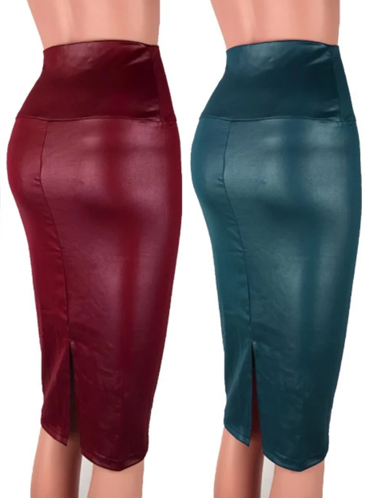 Vintage matte Farbe Pu Imitation Leder zurück Split Rock Frauen hohe Taille schlanke Midi Röcke Büro Dame Bodycon Rock Club Party