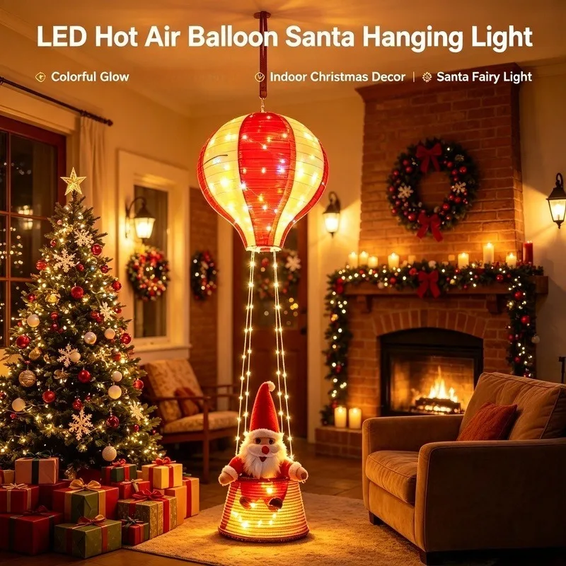 ledクリスマス熱気球オーナメント、サンタの吊り下げライト、レザーコード付き、屋内ホリデーホームデコレーション用