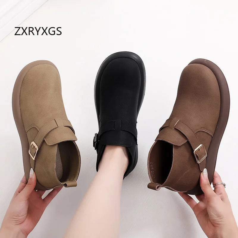 

ZXRYXGS New Fashion Soft Cowhide Autumn Winter Boots Flat Heel Comfortable Women Trendy Boots Snow Short Boots Large Size 2025