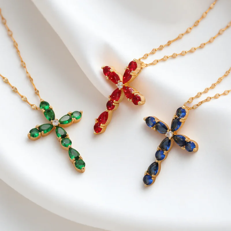 Red Blue Green Crystal Water Drop Stone Cross Pendant Necklaces For Women Vintage Gold Color Stainless Steel Chain Jewelry Gifts