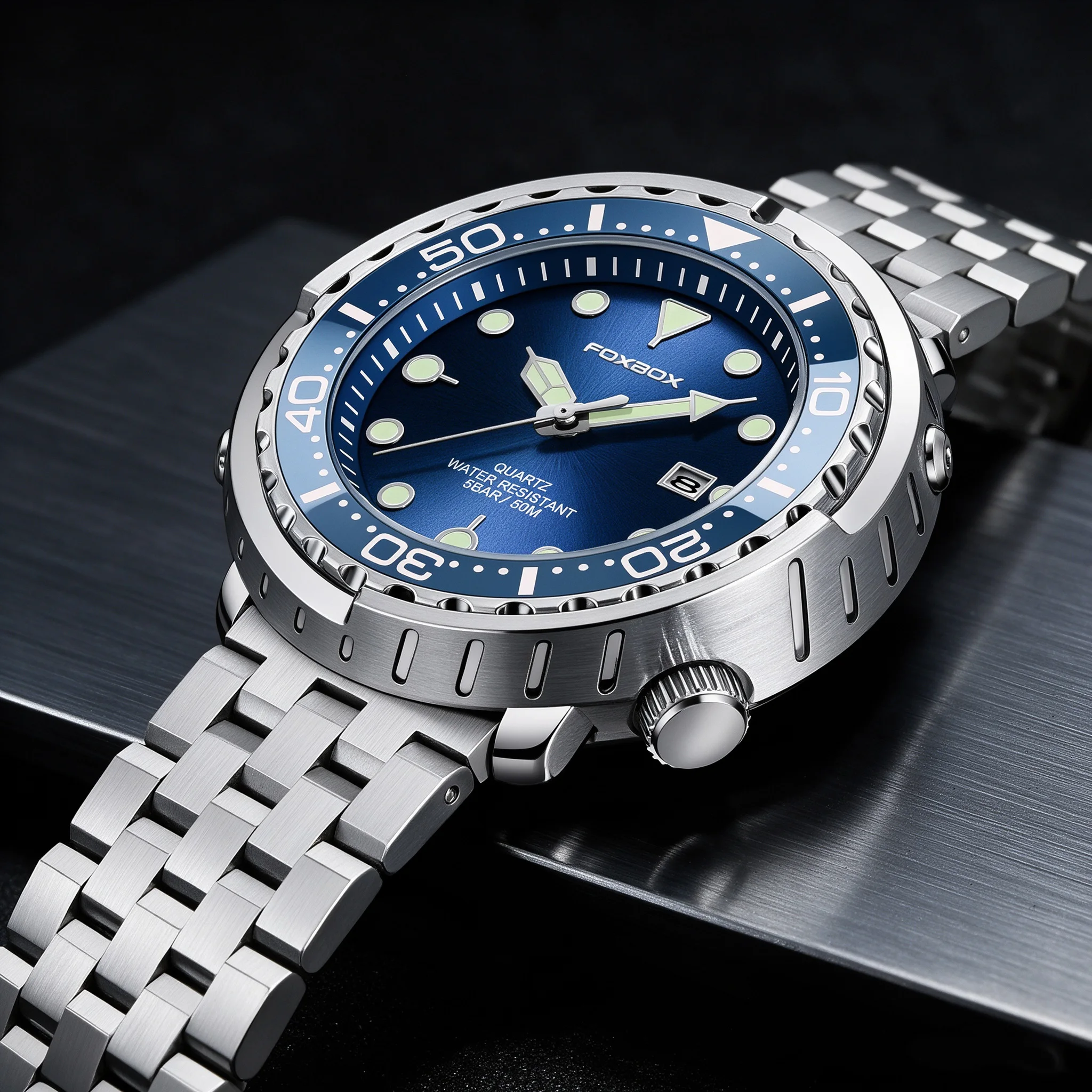 FOXBOX Man Wristwatches Sports 5ATM Waterproof Watch Man Rotatable Bezel Super Luminous Stainless Steel Quartz Watch for Men