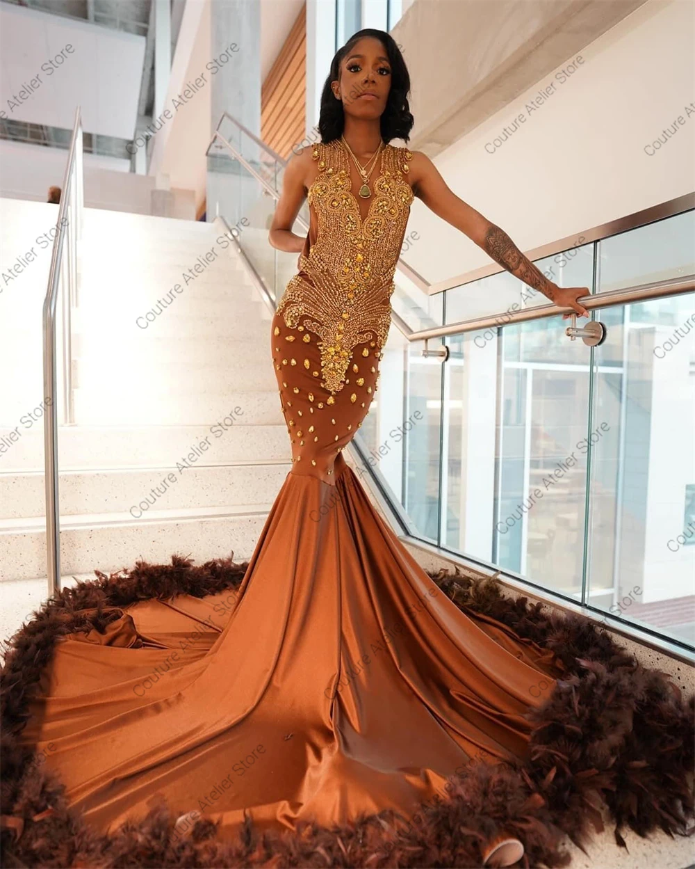 Chocolate Brown Fearhers Gold Rhinestones Prom Dresses For Blackgirls 2024 New In Formal Occasion Dress African Wedding Gowns