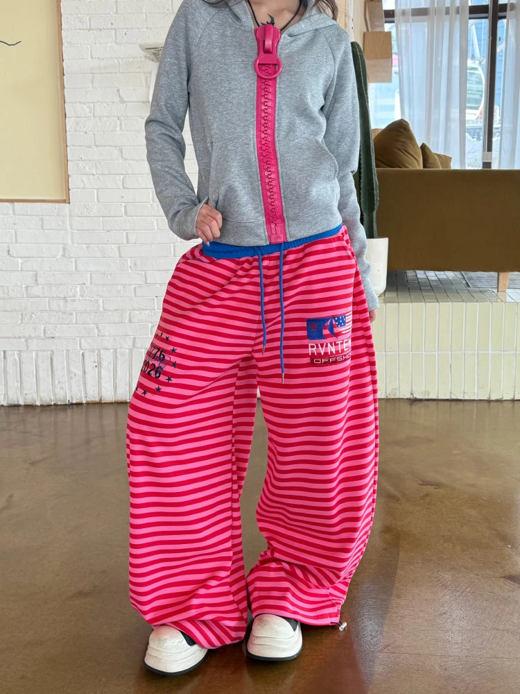 Women's Horizontal Stripes Retro Casual Pants  Y2k 90s Bottoms Unisex Wide Leg SweatpantsFemale High Waisted Trousers