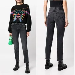 Women's Stretch Straight Jeans New Fashion Casual Lady Ankle-Length Black Denim Pants