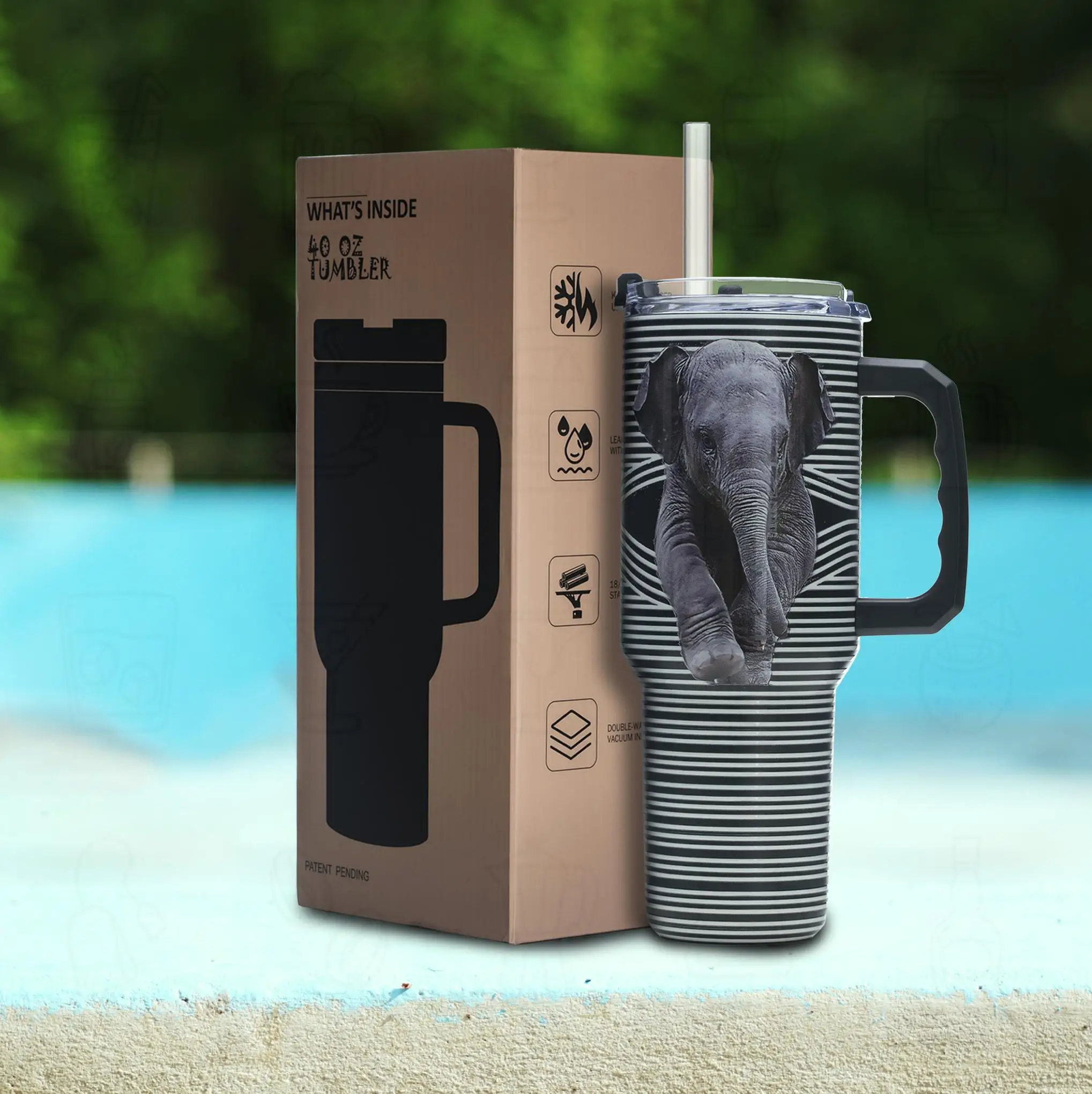 

Elephant Print Insulated Tumbler 40oz – Stainless Steel Travel Cup with Wide Mouth, Straw Lid, Anti-Leak Design