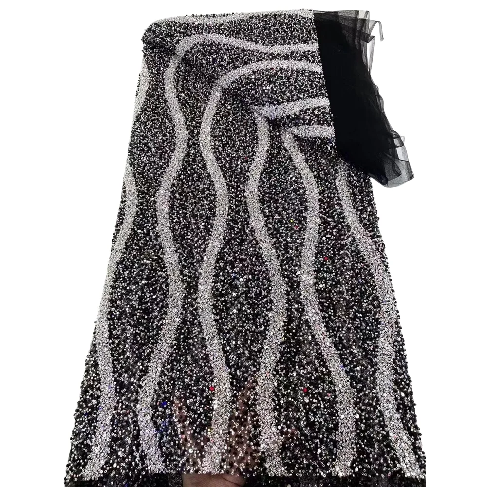 

African Beaded Tulle Lace Fabric, Embroidered Sequins, Nigerian Fabric for Sewing, SYJ-14019212