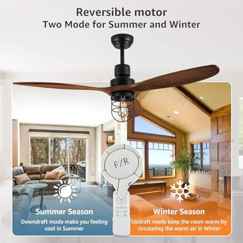 Ceiling Fan with Light,52 Inch Outdoor Farmhouse ceiling fan with remote Modern 3 Blade Wood Bedroom Ceiling Fan