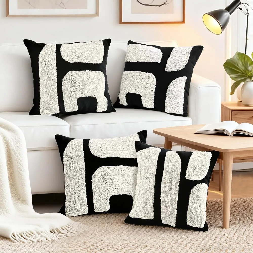 Schwarz-weiße Kissenbezüge im böhmischen Stil, 4er-Set, 45,7 x 45,7 cm, abstraktes geometrisches quadratisches Design, klobige getuftete Pille