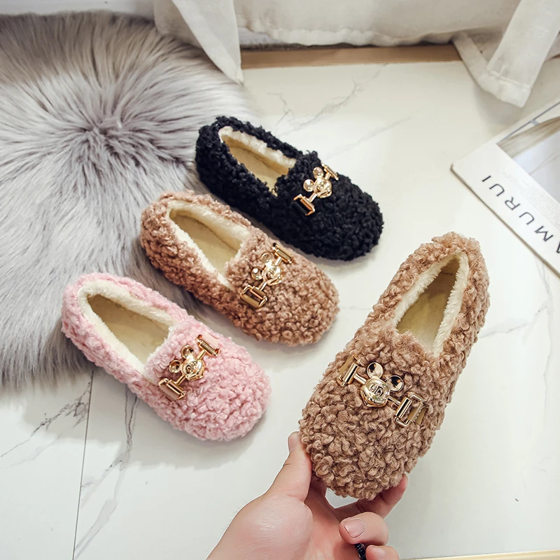 

Girls Winter Shoes Cotton-padded Warm Cotton Fur Fluffy Children Flats Kids Loafers Slip-on Princess Sweet Anti-slippery 26-35