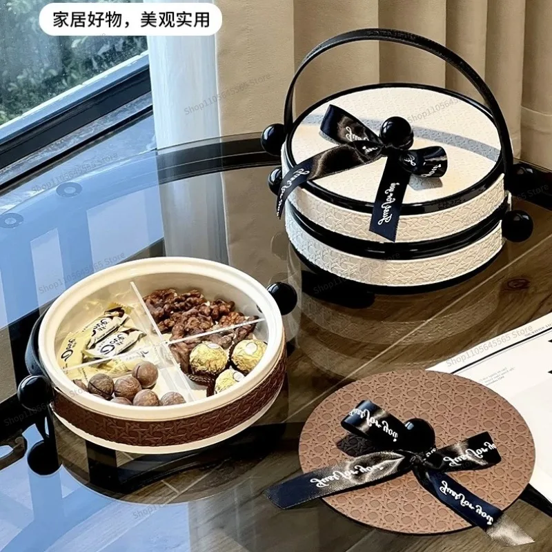 For leather retro wind dried fruit plate ceramic coffee table with cover leather rotating fruit snacks portable display plate