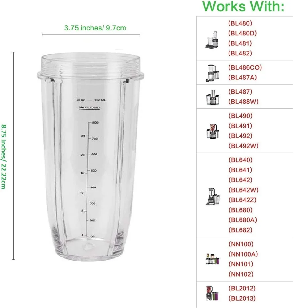 32OZ Cup with Sip N Seal Lids Compaible with Nutri Ninja Auto-iQ 1000W and Duo Blenders - Premium Blender Cups (2 Pack)