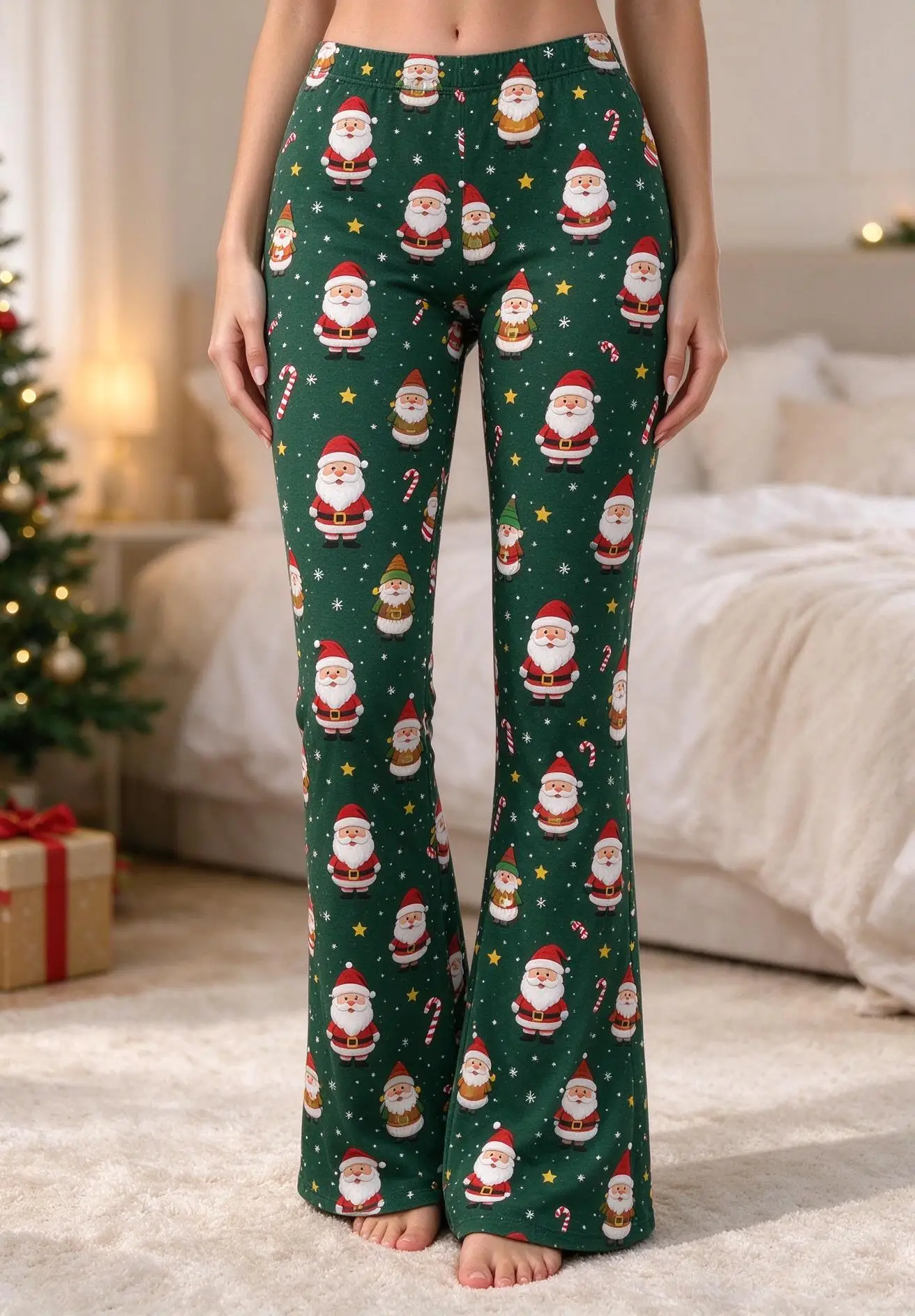 Women Mid-Rise Slim Flared Pants Christmas Gnome Plaid Hat Print Stretch Bell Bottoms Ladies Holiday Party Casual Flare Trousers