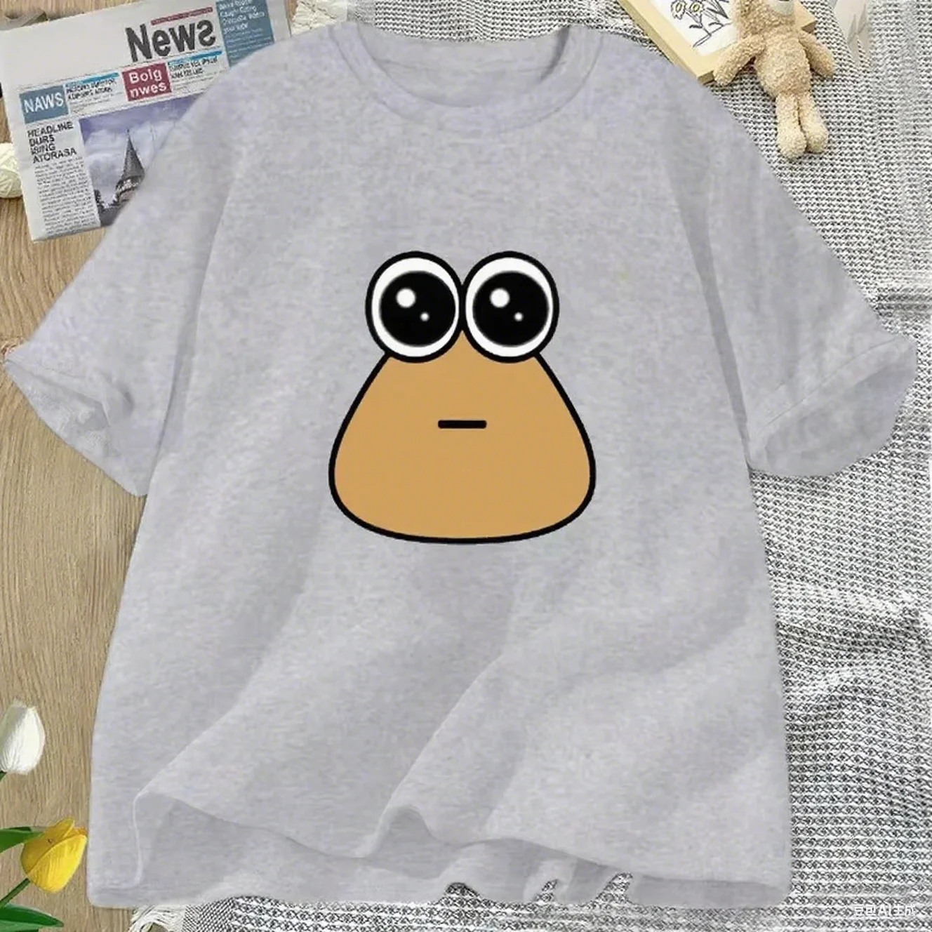 تي شيرتات نسائية Hungy Pou Uwu ، تي شيرت كبير الحجم ، توبات مطبوعة مضحكة ، ملابس شارع ، تي شيرت قصير الأكمام