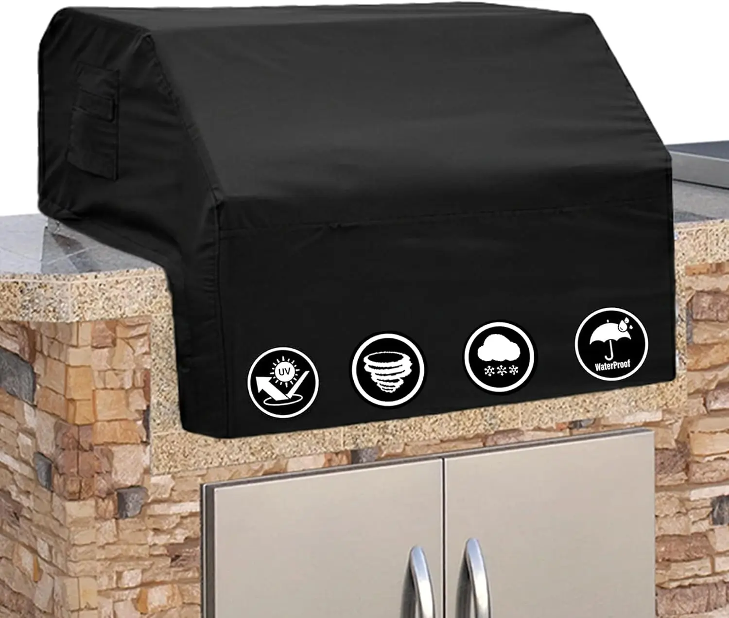 Heavy Duty 18 oz Waterproof Built-in BBQ Grill Cover with Air Pocket Ventilation, PVC-Coated Polyester, Elastic Hem & Built-in Handles for Snug Fit