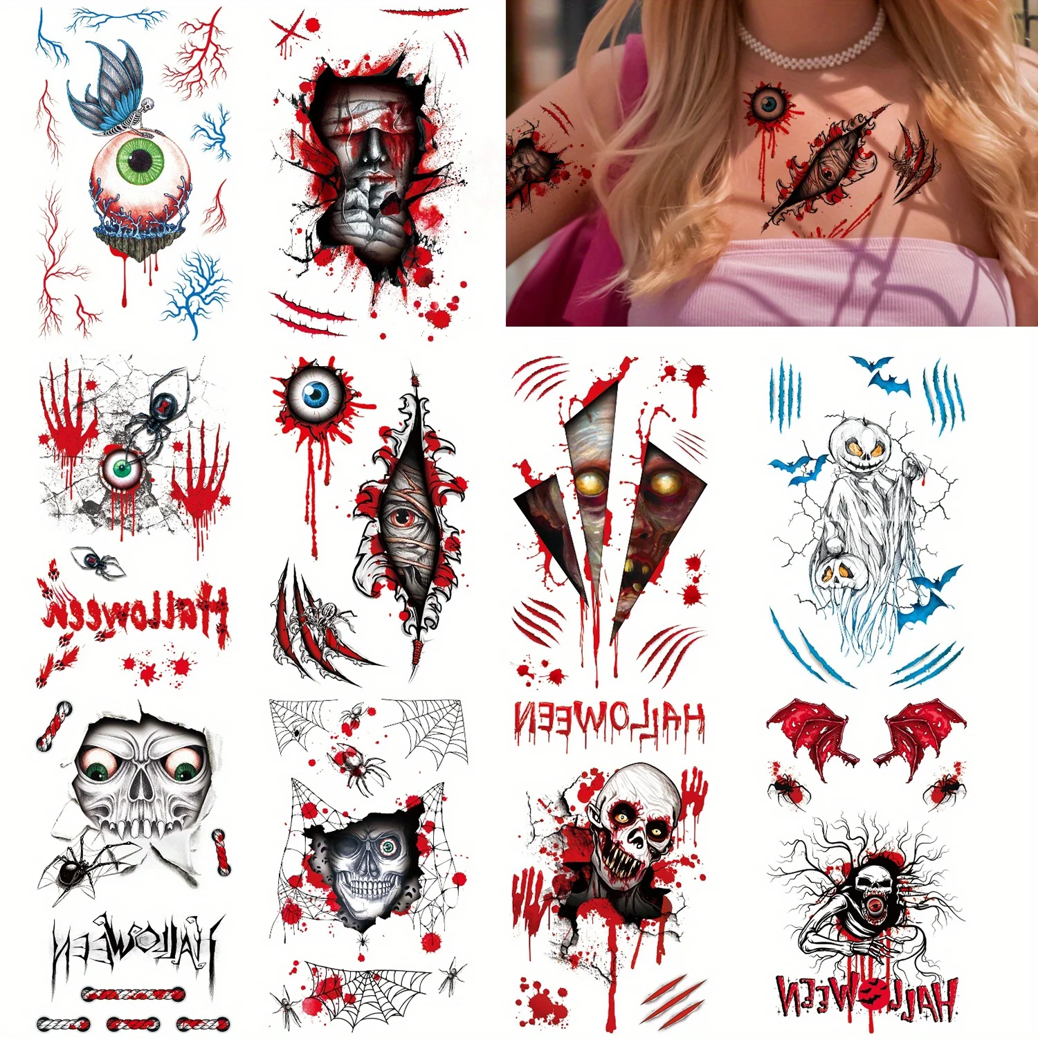 

20pcs Realistic Halloween Fake Temporary Tattoos Sticker Wound Stitches Waterproof Stickers Scary Ghosts Prank Body Makeup Decor