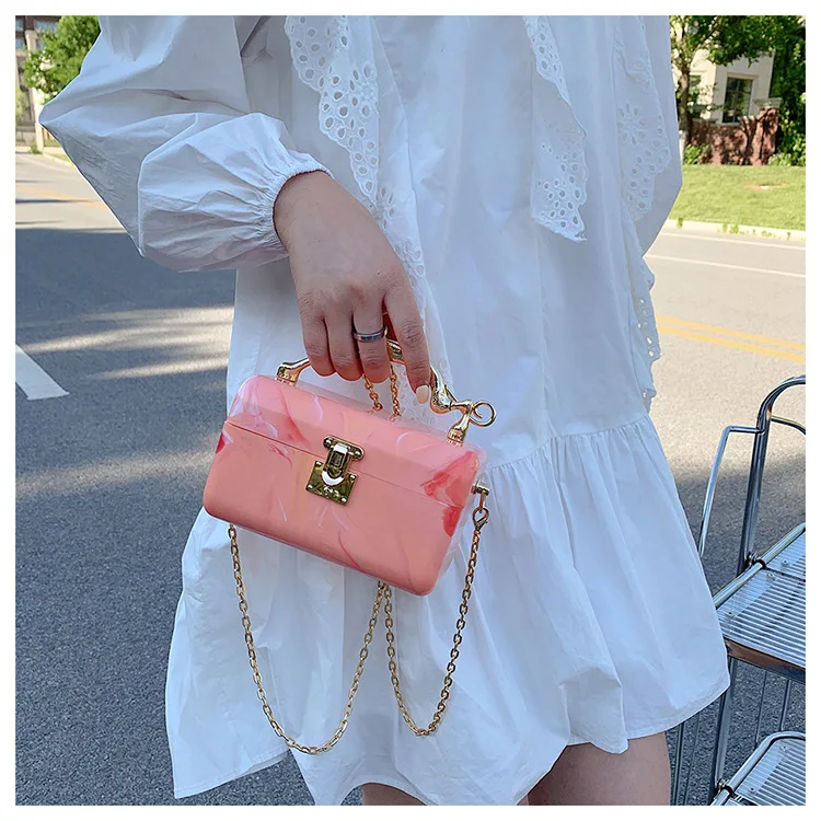 Square Box Party Handbag For Women Metal Leopard Handle Marbling Shoulder Chain Bag Female Tote Crossbody Bag Wedding Pouch