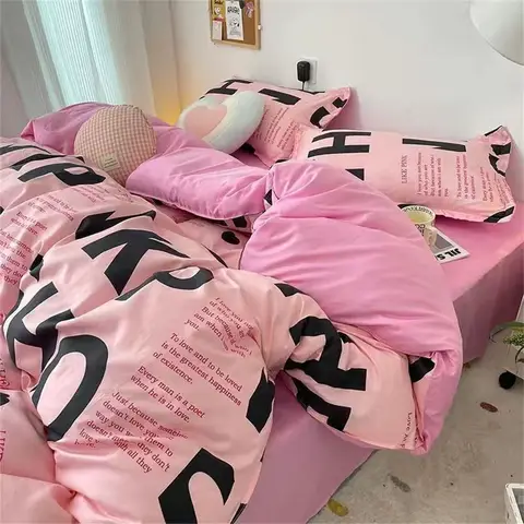한국 스타일 레터 침구 세트, 트윈 풀 퀸 사이즈 침대 린넨, 블랙 블루 핑크 침대 플랫 시트 베갯잇, 어린이 성인 이불 커버