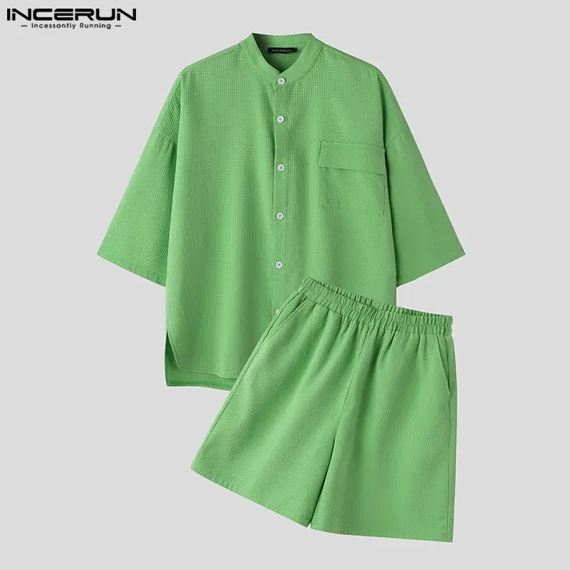 2024 Men Sets Solid Color Summer Streetwear Stand Collar Short Sleeve Shirt & Shorts 2PCS Loose Fashion Men Casual Suits INCERUN