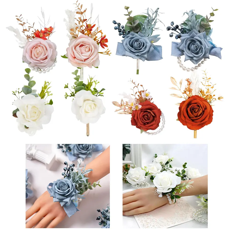

Corsage and Boutonniere Set with Artificial Rose and Greenery for Wedding Prom Adjustable Pearl Bracelet Wrist Flower Set