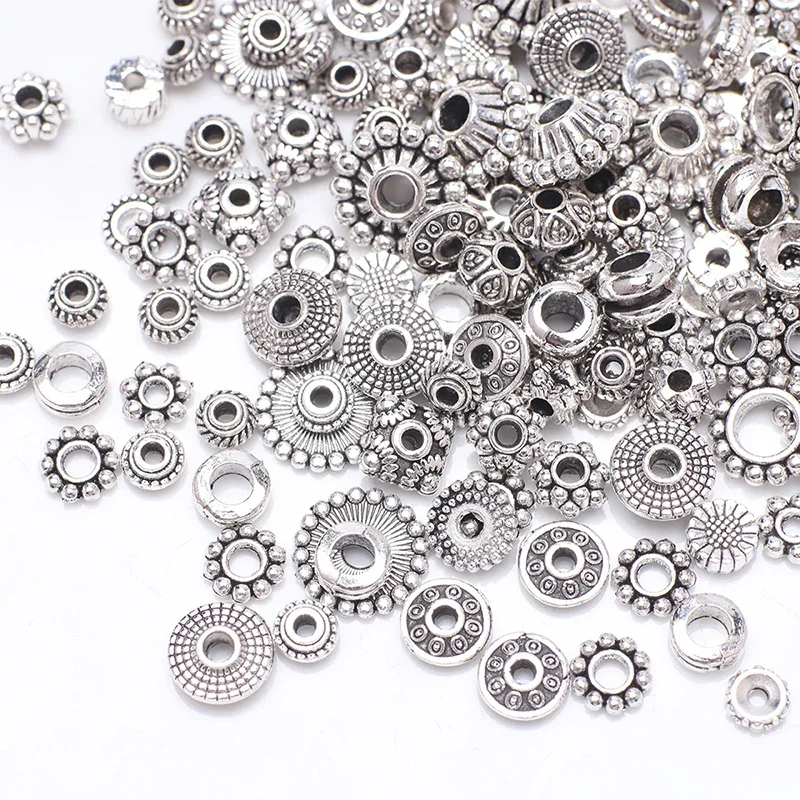 100pcs Silver Color Spacer Beads Alloy Loose Spacer Beads Metal Flower Shape Torus Beads Caps for Jewelry Making DIY Bracelet