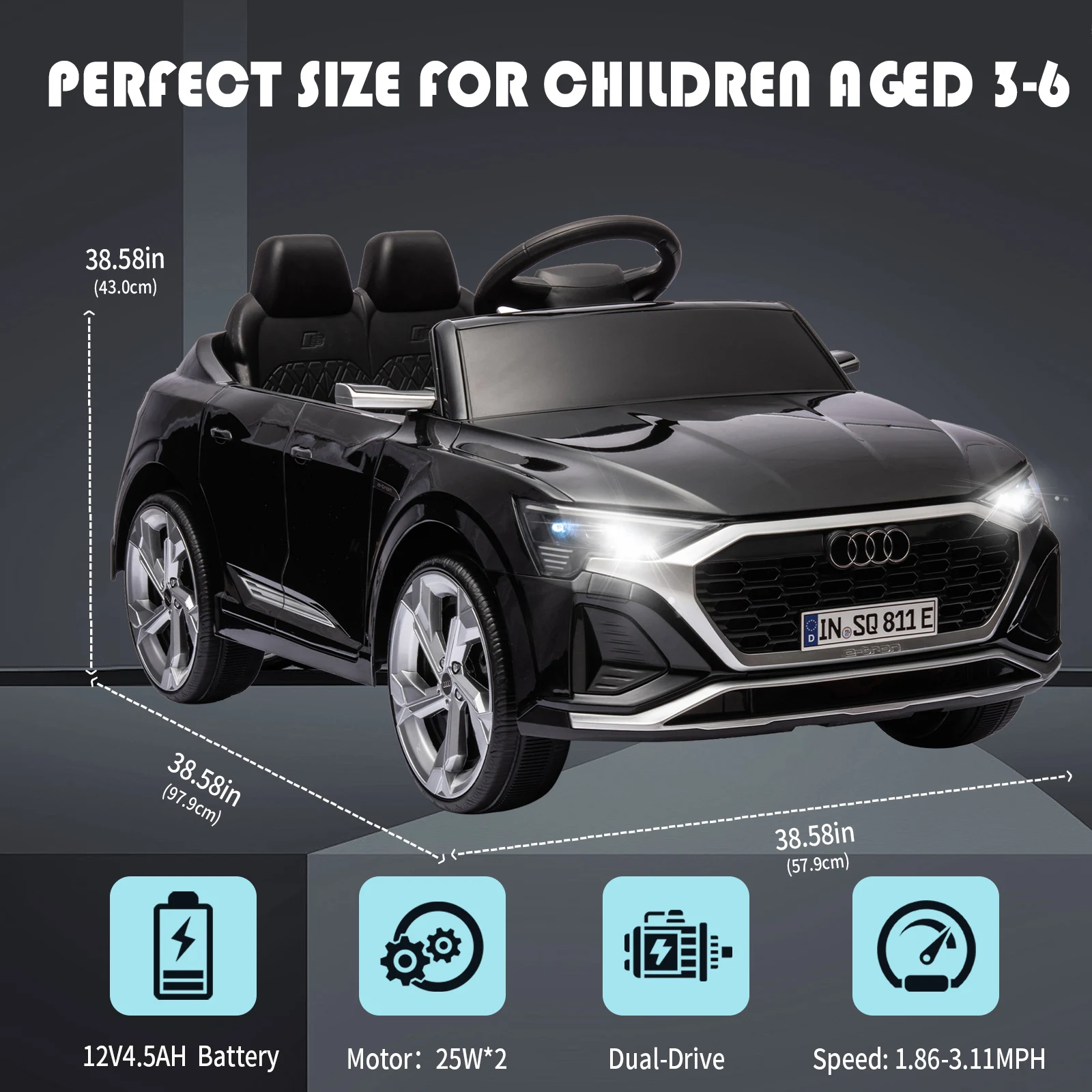 12V kinderrit op auto, gelicentieerde Audi SQ8 elektrische auto voor kinderen met afstandsbediening, dubbele aandrijving, zachte start, muziek, LED-verlichting