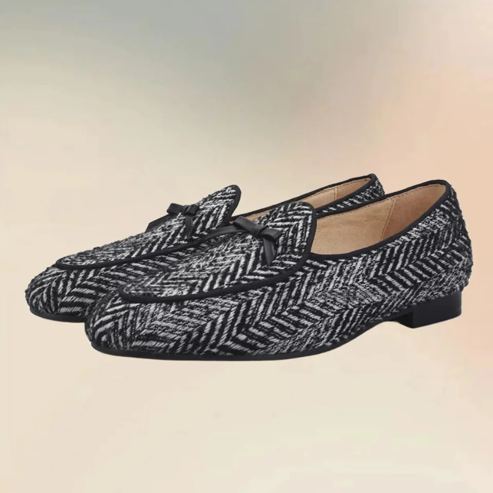 

Grey Black Knitted Fabric Bow Knot Decor Loafers Fashion Comfort Slip On Men Shoes Novel Handmade Runway Party Men Casual Shoes