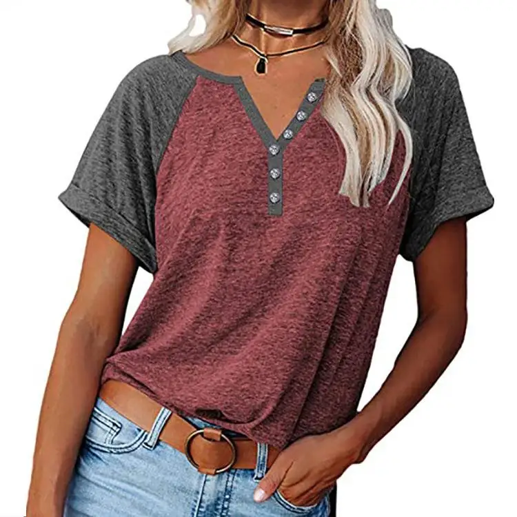 Women's Color Blo T-irt Collar Decoration ort Sve Loose Fit Polyester Casual Top Summer Faion Ladies' Tee