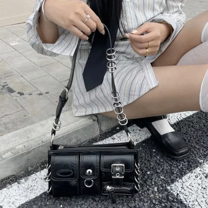 PU Black High Street Square Handbag Metal Round Decor Punk Shoulder Bag Multi-Pocket Vintage Messenger Bag Moto Biker Bags Women