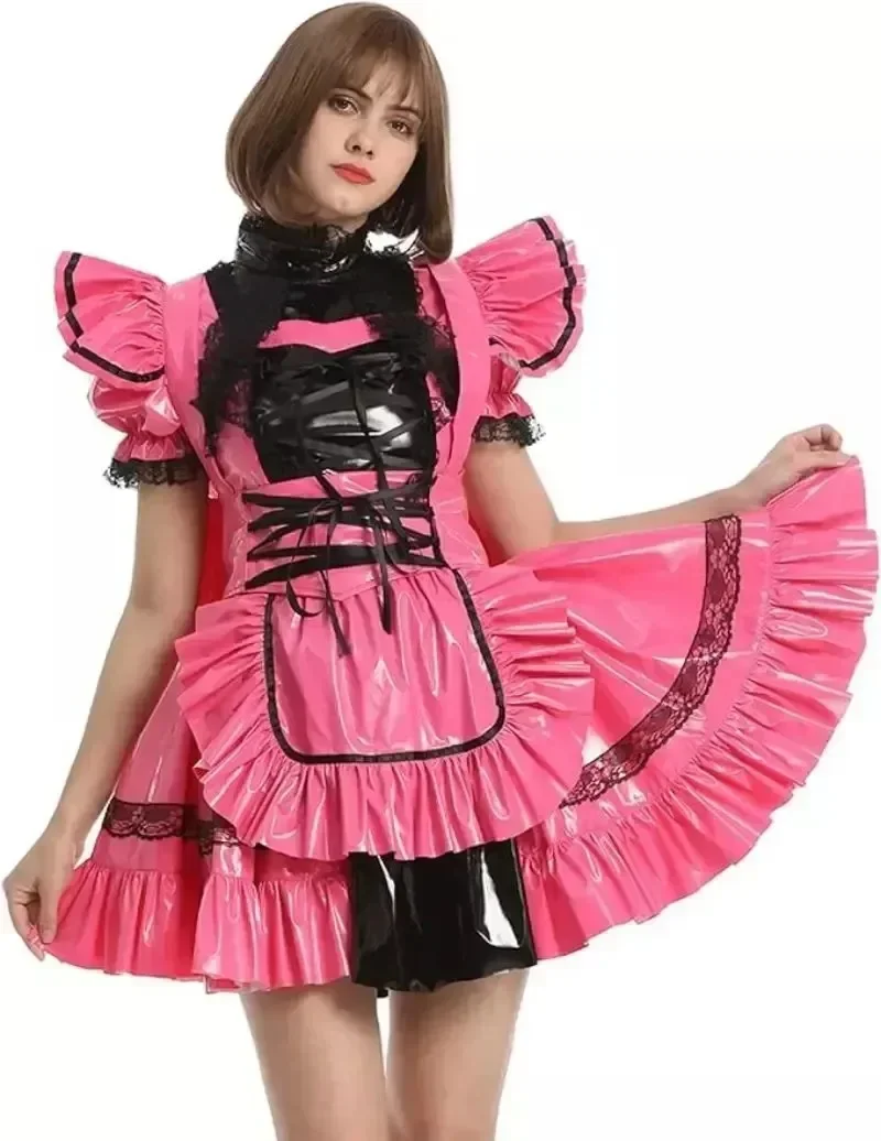 

Pink PVC Lockable Dress French Maid Cosplay Costume for Adults Sexy Sissy Girl Custom Halloween Costume