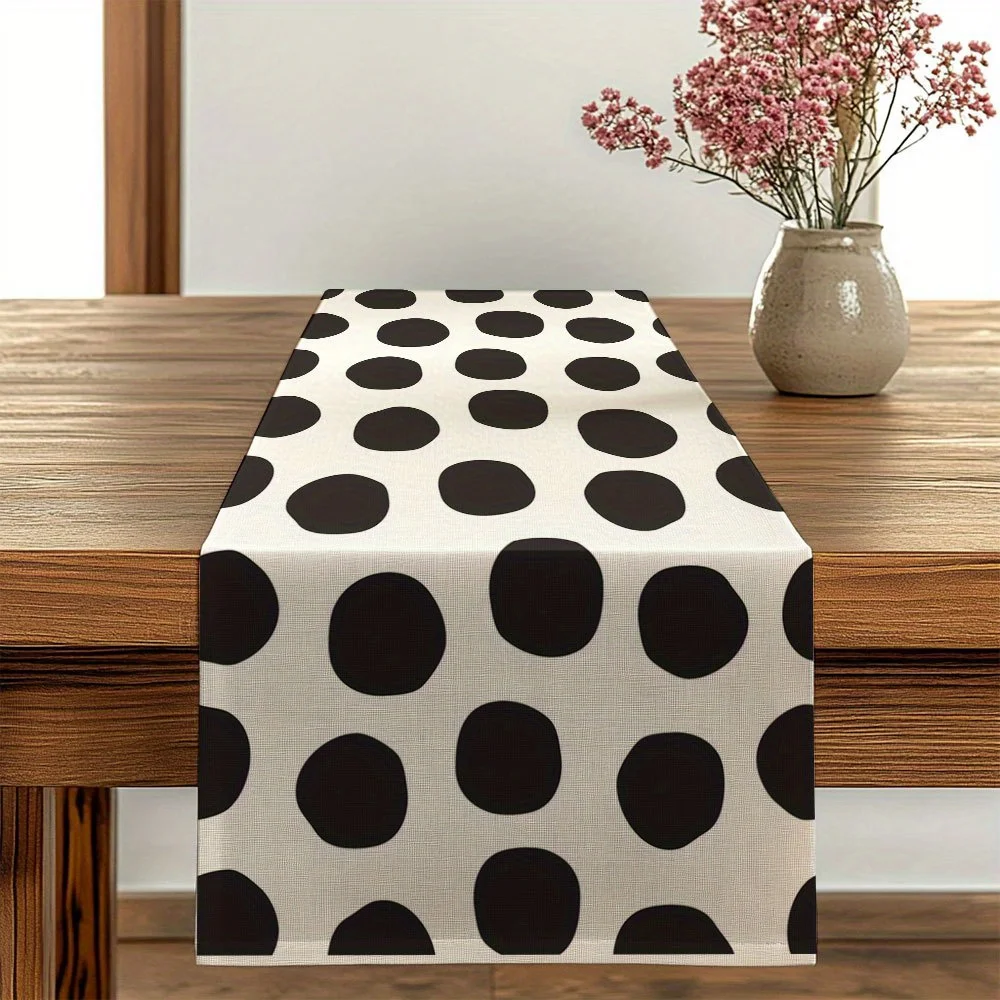 1pc Black and White Polka Dot Table Runner, Elegant Horizontal/Vertical Stripe or Dot Pattern Durable Rectangular Dining Table D