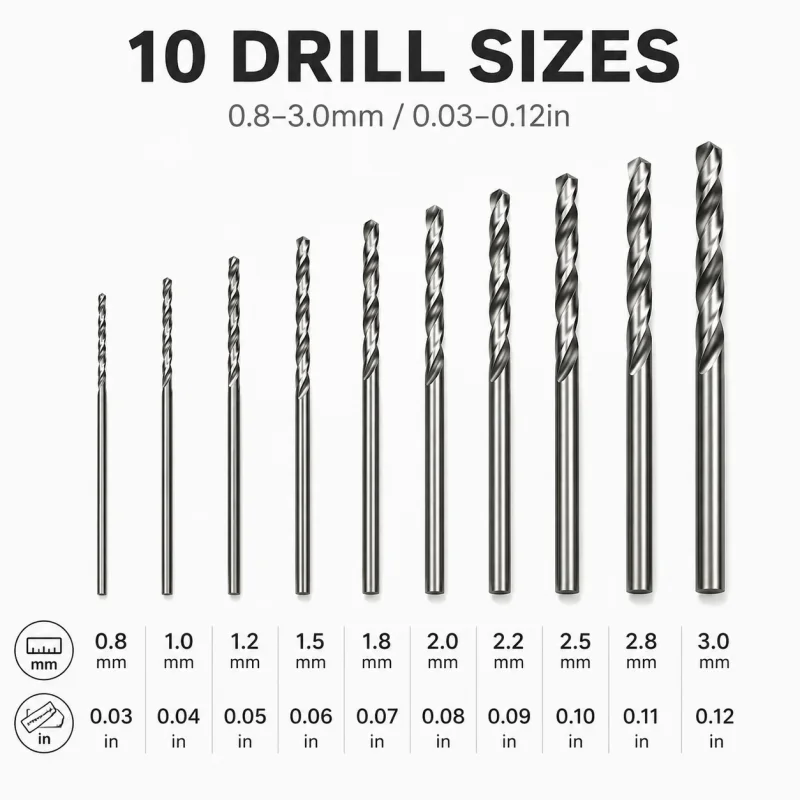 10PCS 0.8‑3.0mm HSS Twist Drill Bits High Speed Steel Small Drill Set with Portable Storage Case