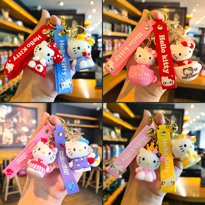 

Bow Hello Kitty Cat Cute Keychain Cartoon Doll Student Backpack Charm Couple Bag Accessory Pendant Car Keychain