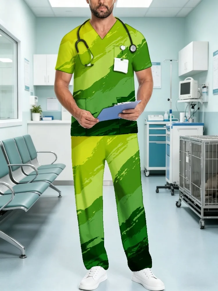 Hot Sale Mens Printed Medical Scrubs Uniform Multi Pockets Stretch Healthcare Workwear Green Ombre Pattern Scrub Suit