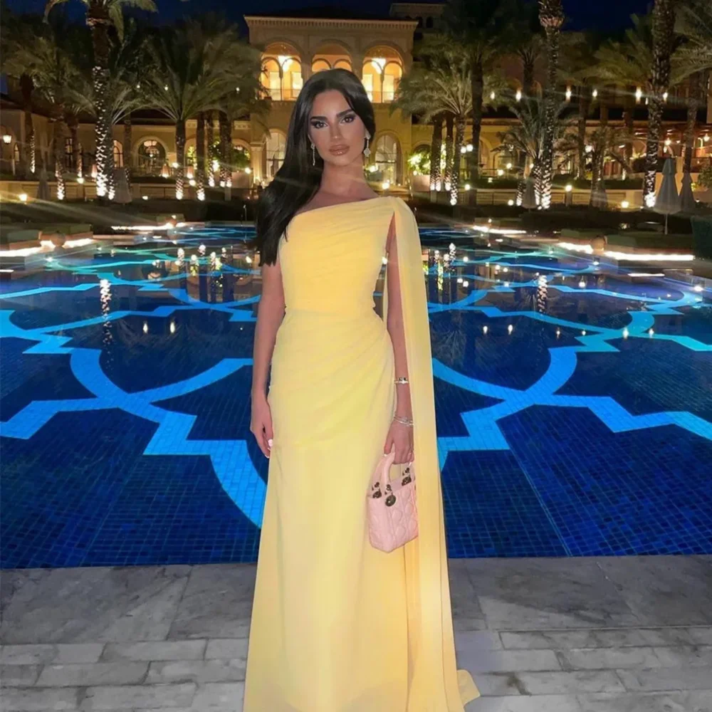 

Classic Long Yellow One Shoulder Chiffon Evening Dresses Full Sleeves Sheath Pleated Floor Length فساتين للمناسبات الرسمية