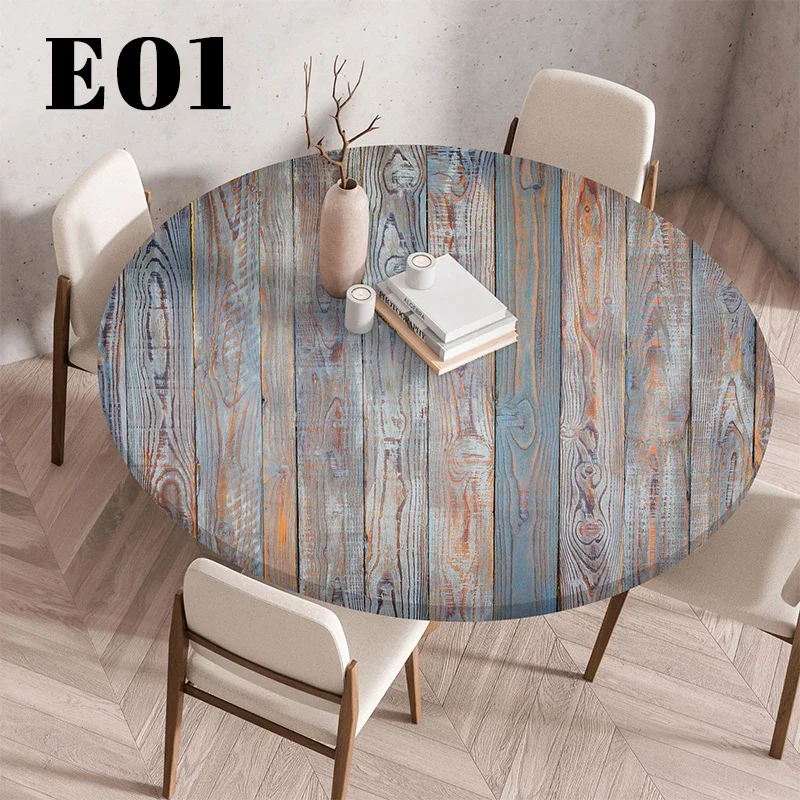 1pc Elastic Retro Wooden Texture Round Table Cover Waterproof Oilproof Decor Home Kitchen Dining Room Table Cloth 60/90/120cm