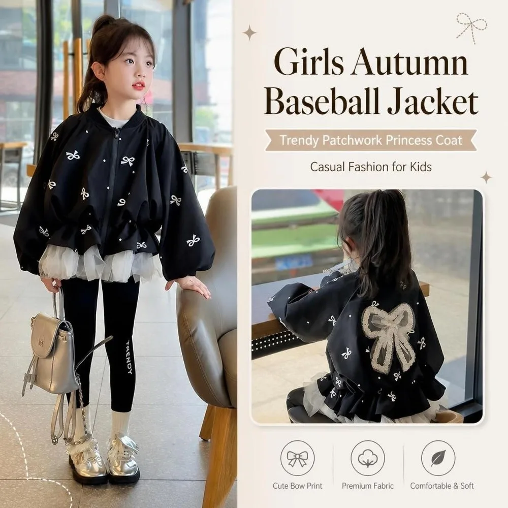 Puff Long Sleeve Children's Bowknot Jacket Lace Bow Casual Fit Kids Fashion Coat Patchwork Princess Outerwear Baby Windbreaker