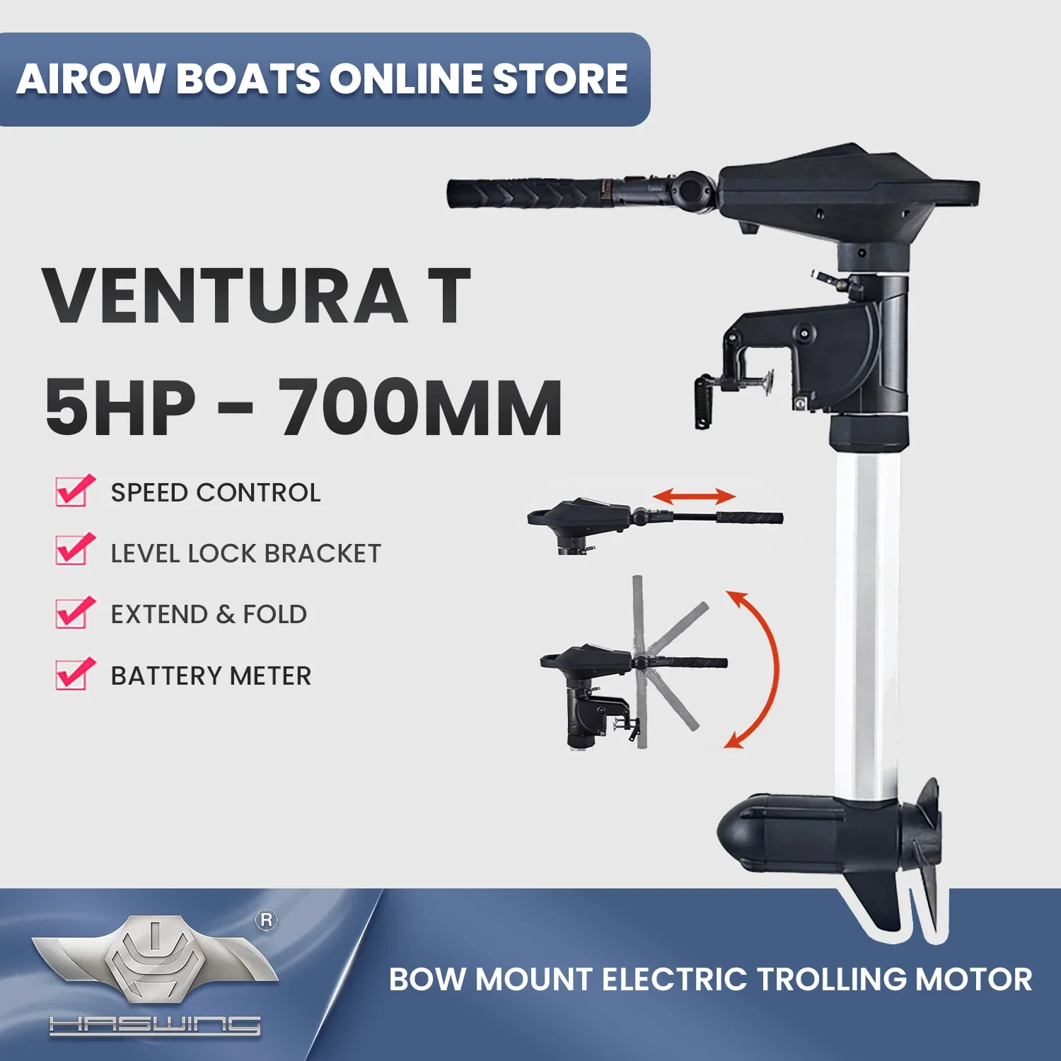 Haswing Ventura T 5HP Transom Mount Engine 24V DC Electric Trolling Motor Shaft 700MM 50749 160LBS Brushless Motor