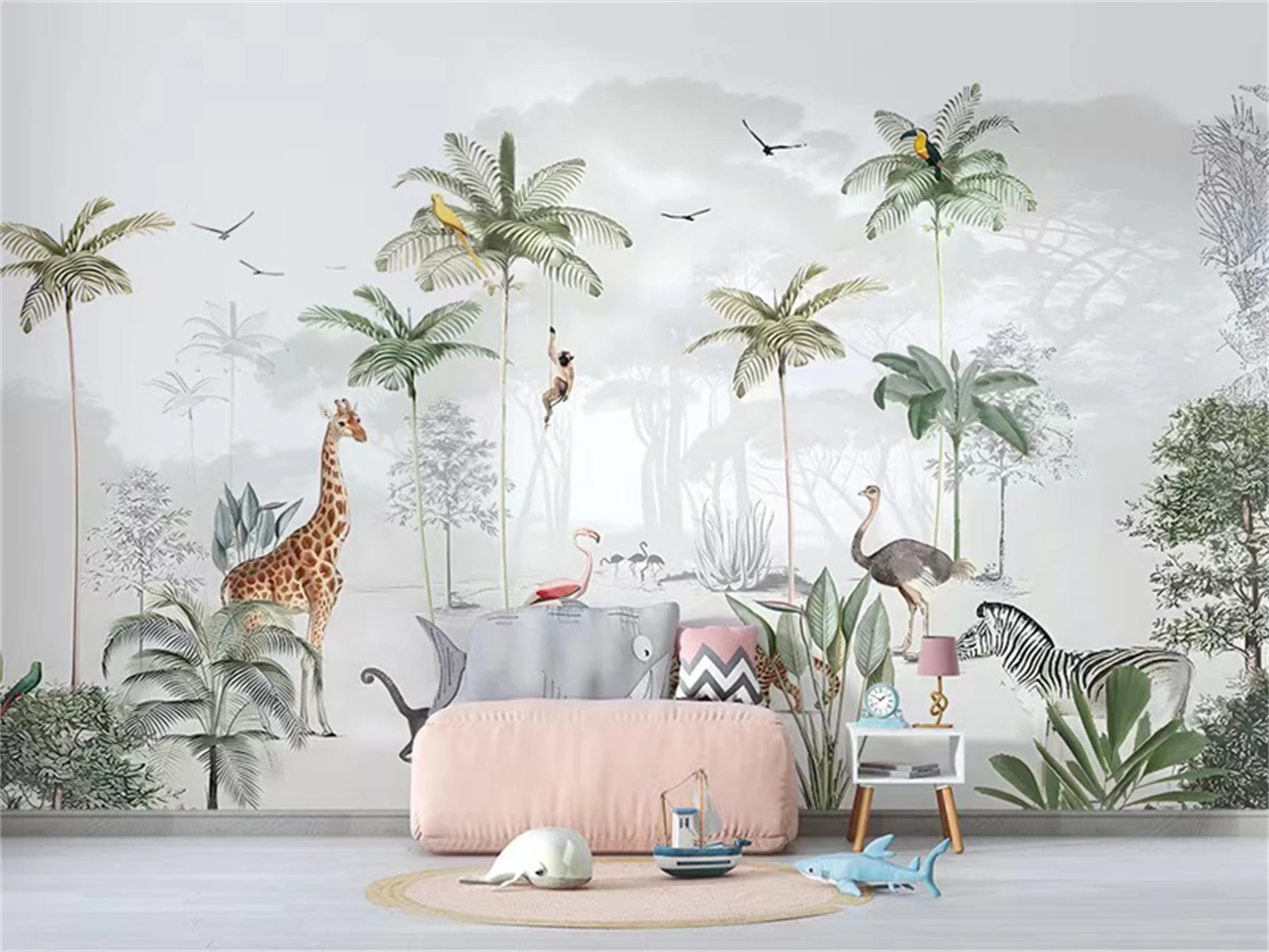 

beibehang Palm tree tropical leaves wallpaper jungle nursery kids room background 3d cartoon animal photo mural papel de parede