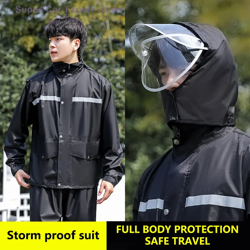 

Men & Women's Waterproof Rain Gear Set Includes Hooded Jacket & Pant with Reflective Strips for Outdoor Motorcycle Riding