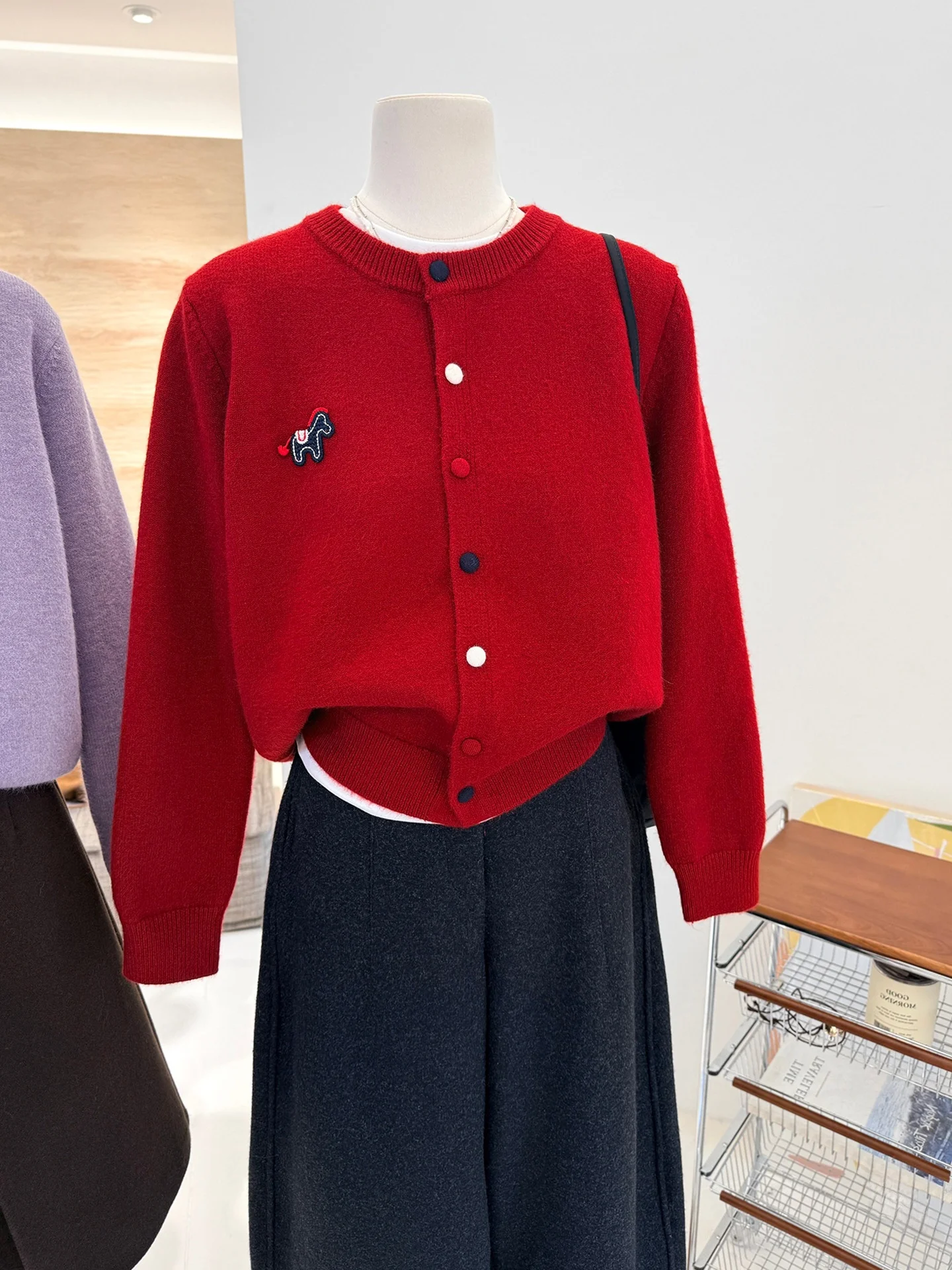 

Fashionable Red Knitted Open Cardigan Single Button Spring Clothes Korean Style Straight Tube Long Sleeve Women's Knitwear