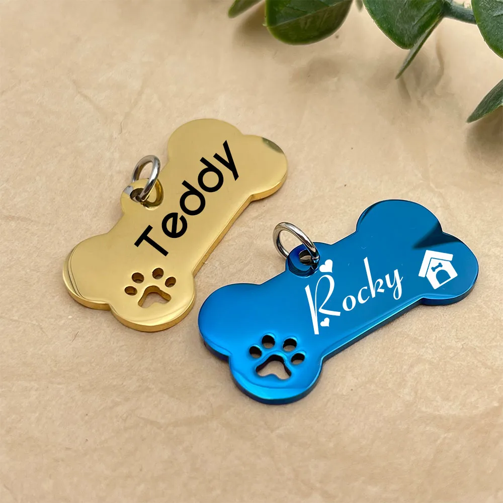 Stainless Steel Bone Dog Tag Personalized Dog Collar Tag Engraved Dogs Name Tag Custom Pet ID Pendant Puppy Collars Customized