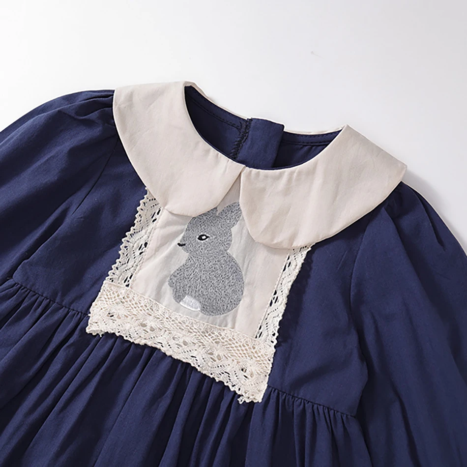 Charming Girls Long Sleeve Navy Blue Casual Dress Rabbit Embroidery Peter Pan Collar Perfect for Spring Autumn Fashion Statement